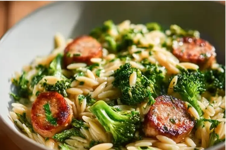 Chicken Sausage and Broccoli Orzo skillet dish with vibrant colors and savory ingredients