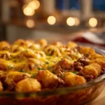 Chili Cheese Tater Tot Casserole with melted cheese and crispy tater tots