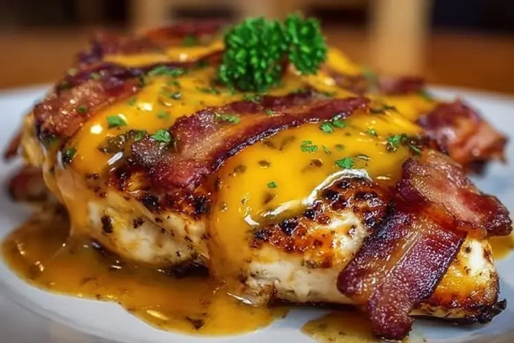 Delicious Cowboy BBQ Bacon Cheddar Chicken topped with crispy bacon and BBQ sauce.