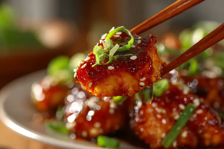 Crispy Honey Sesame Chicken with a sweet and savory sauce on a plate
