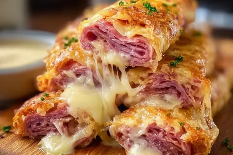 Keto Crispy Reuben Roll-Ups with corned beef, Swiss cheese, and sauerkraut