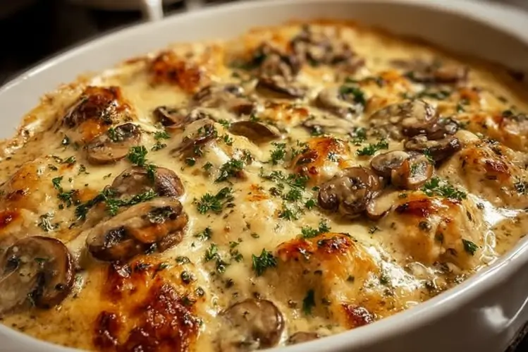Keto Garlic Mushroom Chicken Casserole with creamy sauce and sautéed mushrooms.