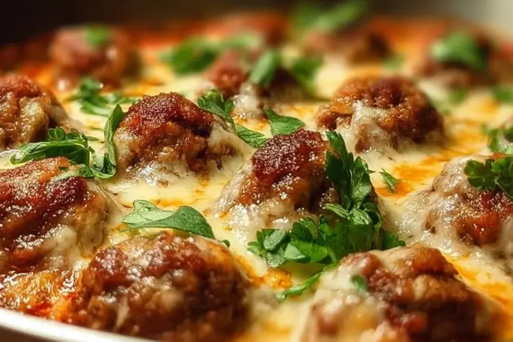 Delicious Keto Meatball Parmesan Casserole with homemade meatballs and cheese.