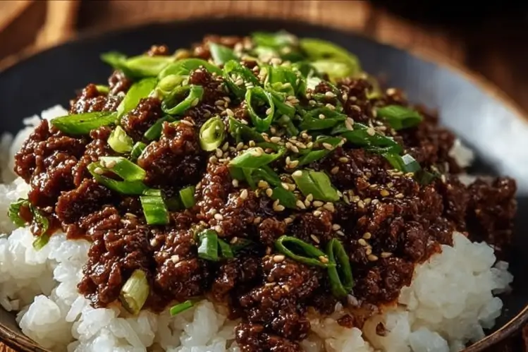 Delicious Korean Ground Beef Bowl with rice, vegetables, and a fried egg