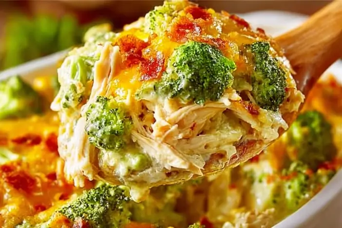 Low-Carb Chicken Casserole with chicken, broccoli, and cheese in a baking dish