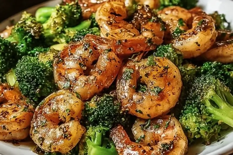 Low Carb Shrimp and Broccoli in garlic butter sauce served on a plate.