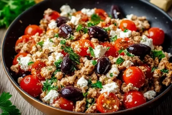 Mediterranean Keto Ground Chicken Skillet with fresh vegetables and herbs