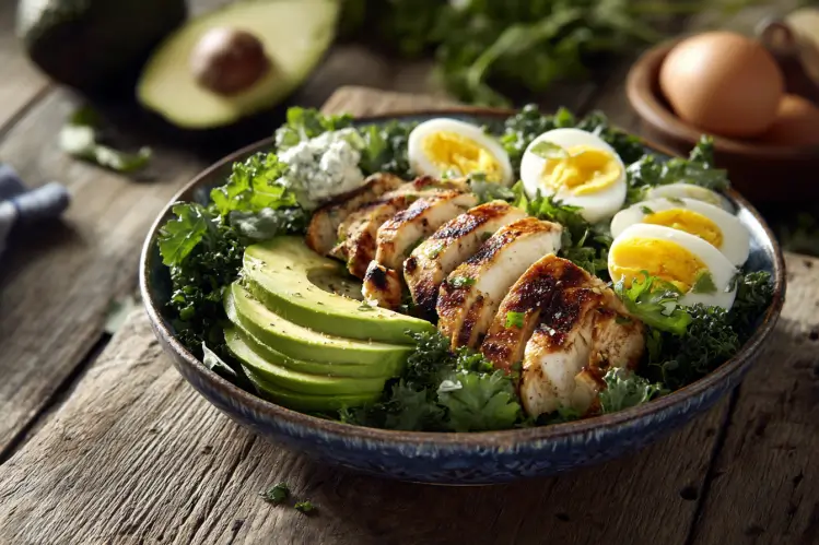 Paleo Grilled Chicken Cobb Salad with avocado, bacon, and fresh vegetables