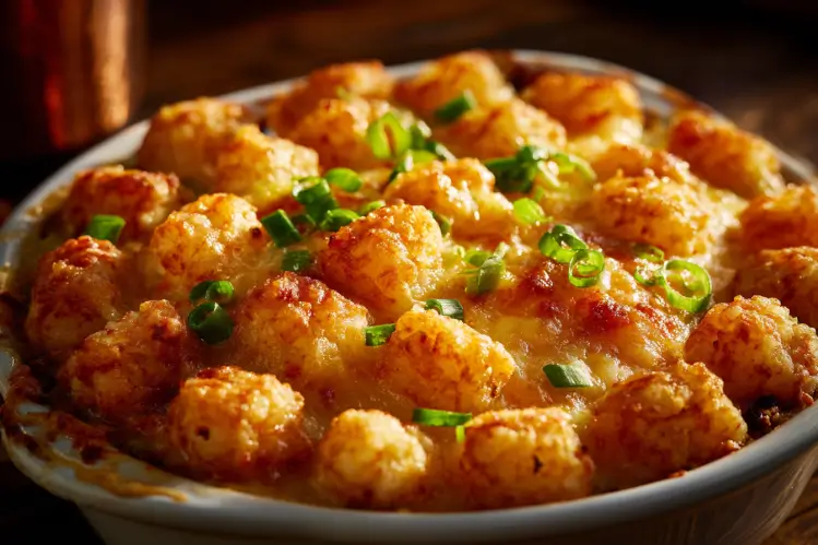Delicious Tater Tot Casserole with layers of beef and cheese on a crispy topping.