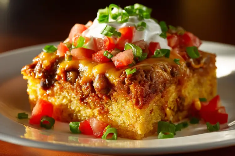 Delicious Texas Tamale Pie Casserole with cornbread topping and seasoned beef.