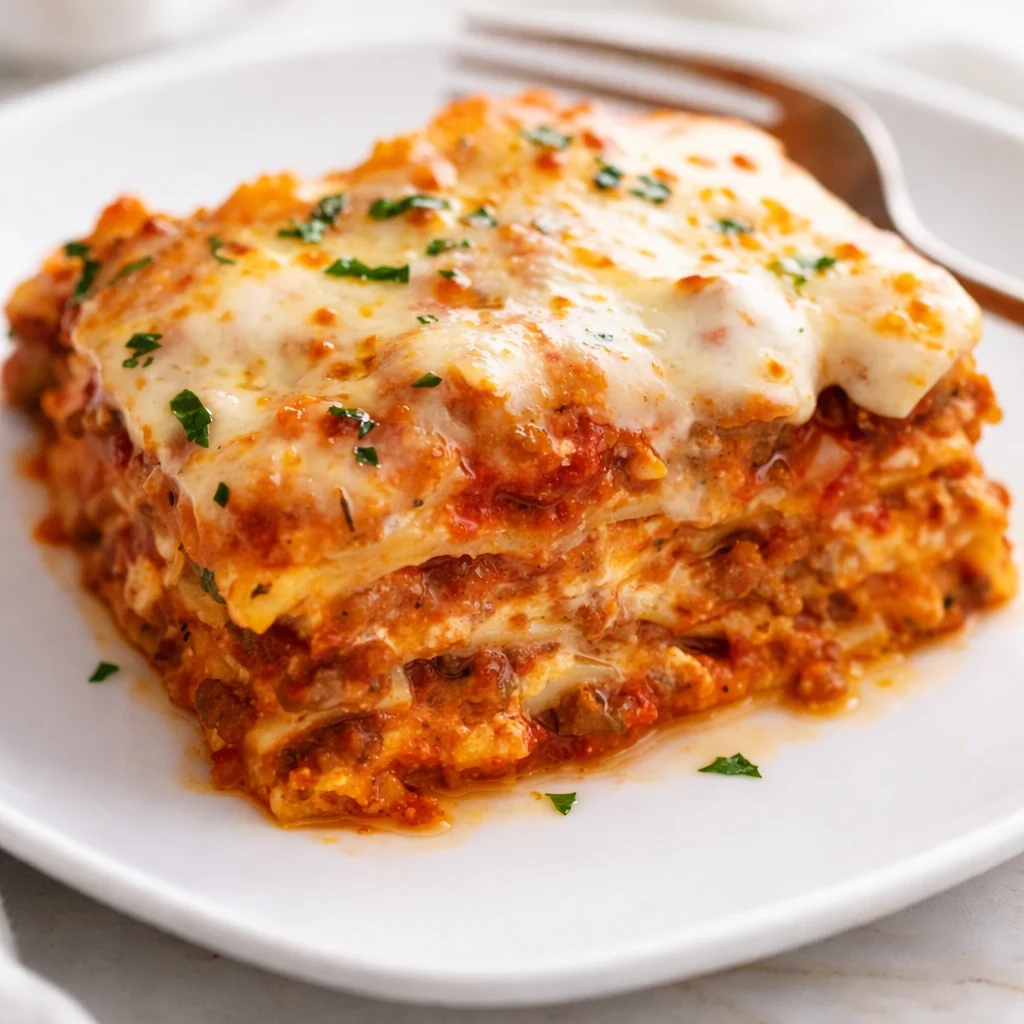 Delicious homemade lasagna with layers of pasta, meat sauce, and cheese.