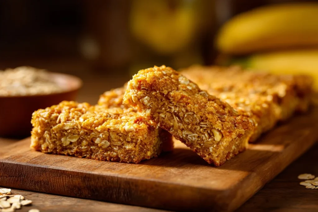 Homemade banana oatmeal bars displayed on a plate, healthy snack