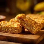 Homemade banana oatmeal bars displayed on a plate, healthy snack