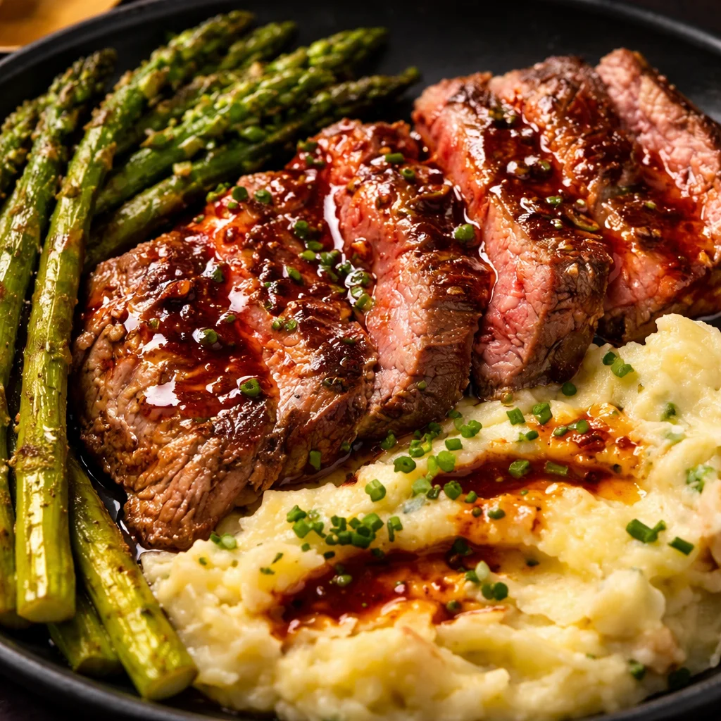 Bavette steak topped with roasted garlic pan sauce and fresh herbs.