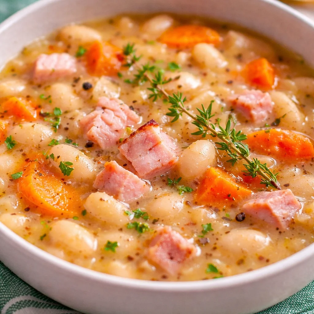 Hearty Ham and Bean Soup with white beans, ham, and vegetables in a bowl.