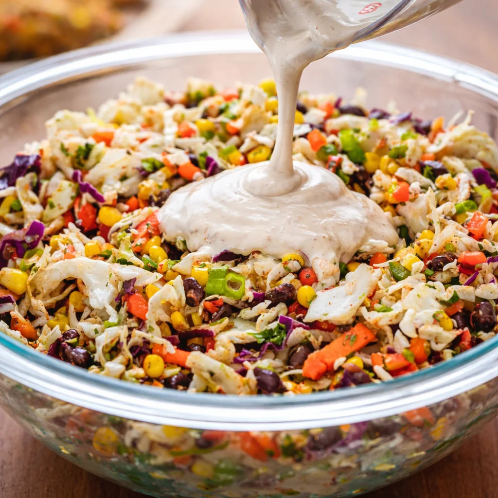 Delicious Cowboy Cabbage with coleslaw mix, black beans, corn, and creamy dressing.