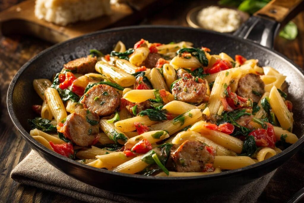 A plate of creamy Cajun sausage pasta with fresh vegetables and spices in a bowl.
