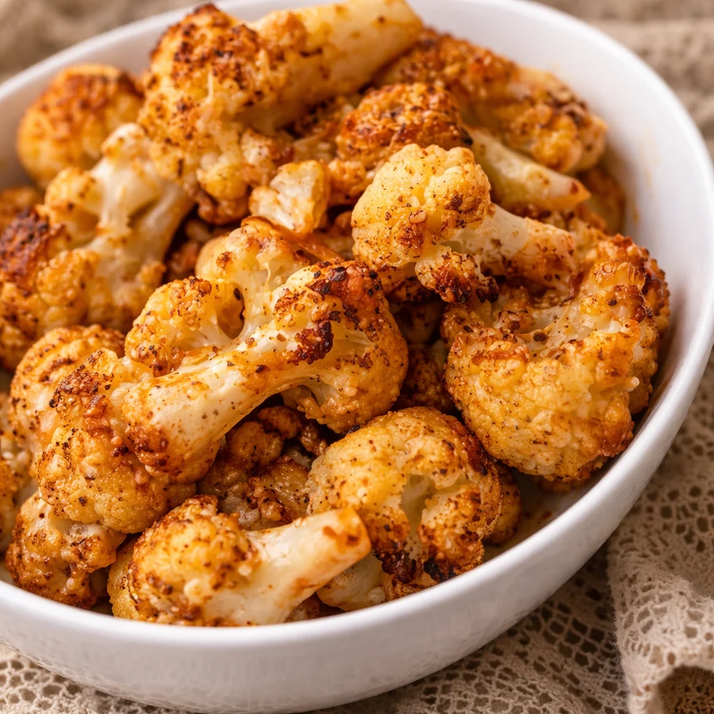 Crispy roasted cauliflower with cheddar and parmesan on a baking sheet.