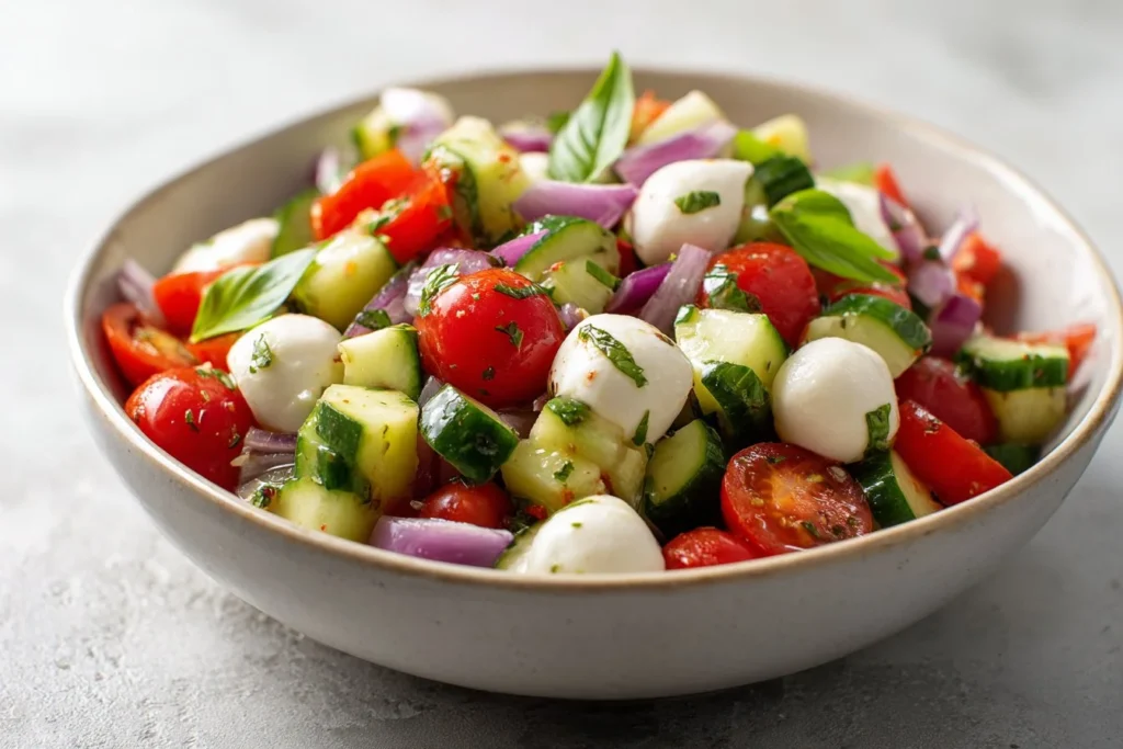 Fresh Cucumber Caprese Salad with mozzarella, basil, and tomatoes