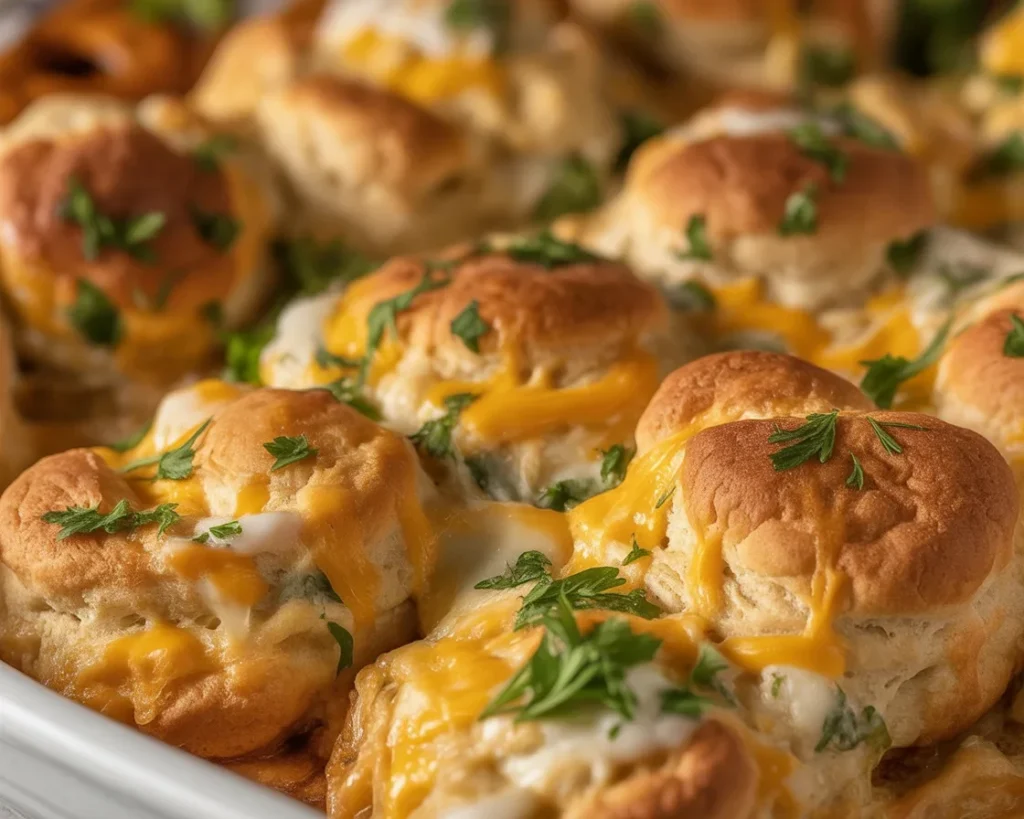 Delicious Chicken Bubble Biscuit Bake Casserole with cheesy chicken and fluffy biscuits