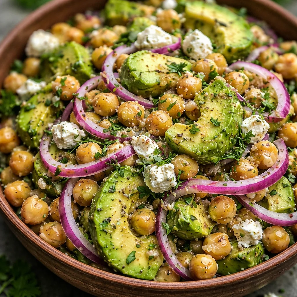 A colorful Chickpea Feta Avocado Salad with fresh veggies and feta cheese.