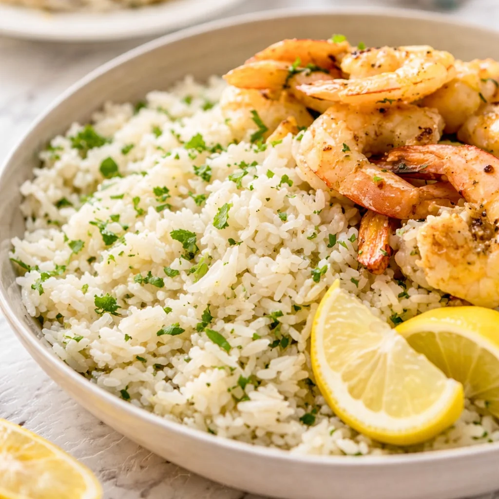 Delicious Greek Lemon Rice prepared with fresh herbs, garlic, and lemon juice.