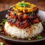 Hawaiian Huli Huli Chicken Stack topped with grilled pineapple and served over rice.