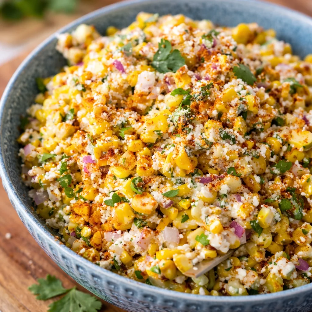 Delicious Mexican Street Corn Salad with grilled corn, creamy dressing, lime, and spices.
