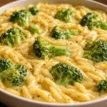 Creamy one-pot Broccoli Cheddar Orzo with cheese and fresh broccoli.