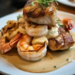 Delicious surf and turf featuring steak and shrimp with creamy garlic sauce.