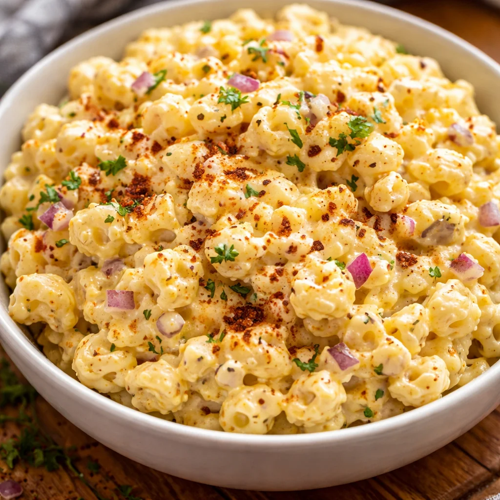 Creamy Deviled Egg Macaroni Salad with eggs and veggies in a bowl.