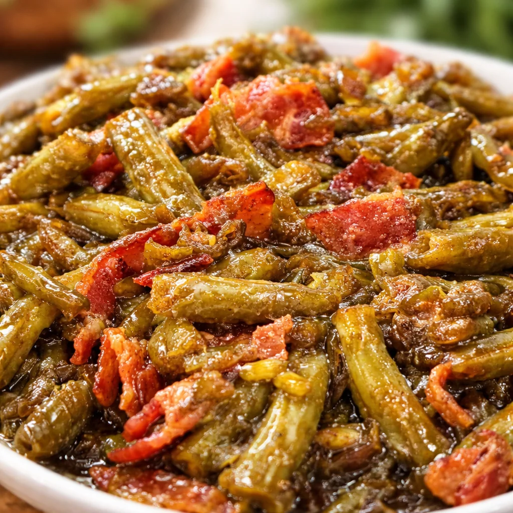 Delicious Crack Green Beans with brown sugar, soy sauce, and crispy bacon.