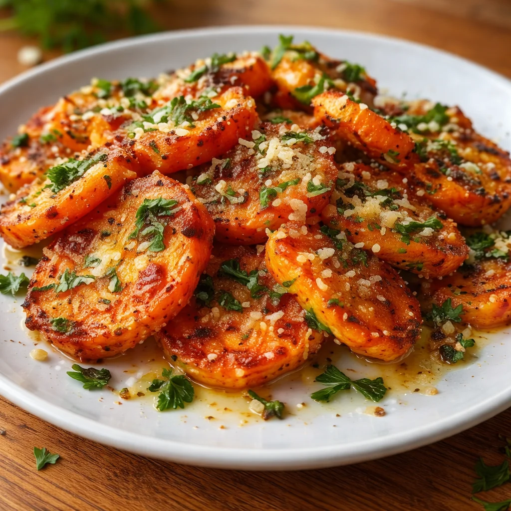 Crispy roasted Smashed Carrots topped with Parmesan cheese, served as a side dish.
