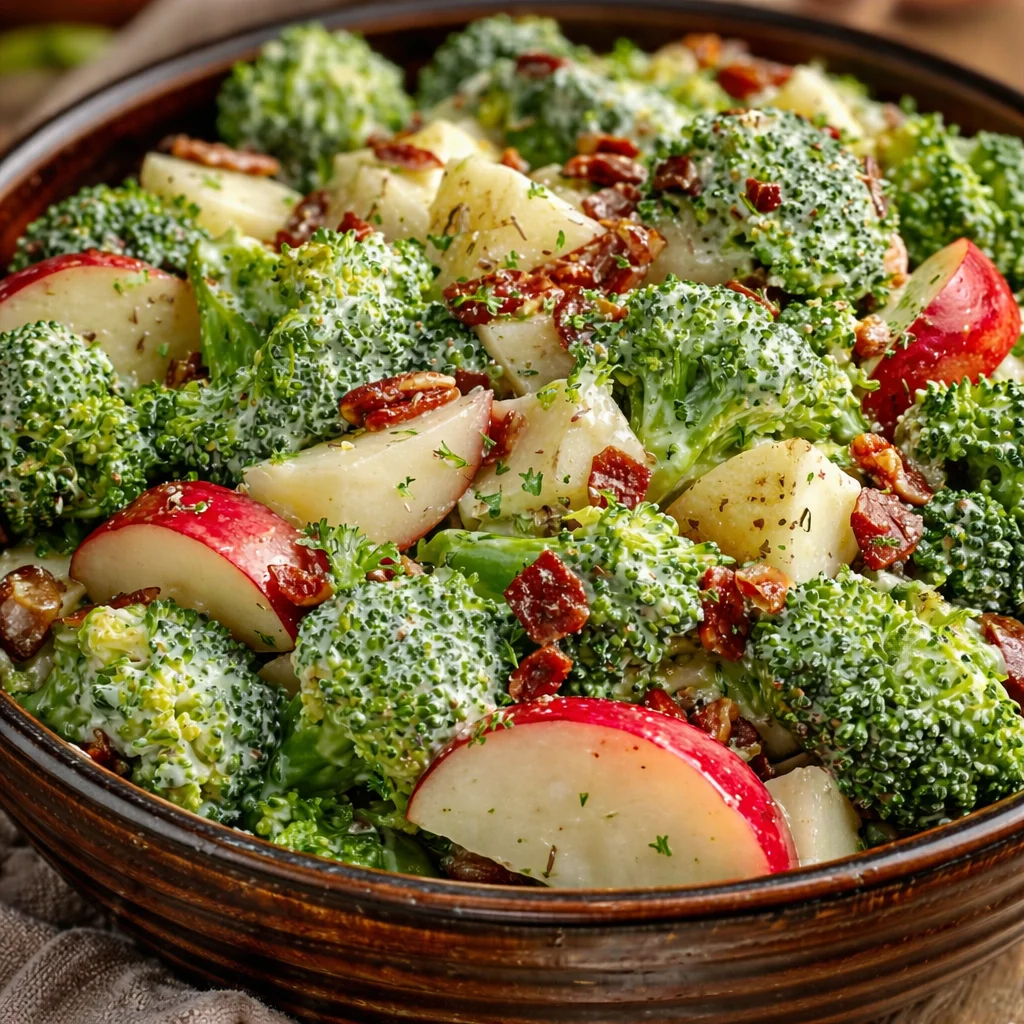 Honeycrisp Apple Broccoli Salad with creamy dressing and crunchy toppings