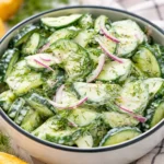 Fresh Cucumber Dill Salad with red onion and creamy dressing in a bowl.