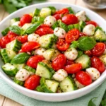 Cucumber Caprese Salad with fresh mozzarella, tomatoes, and basil drizzled with balsamic glaze.