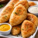 Fried Chicken Buns with Cheese on a plate, topped with hot honey and pimento cheese.