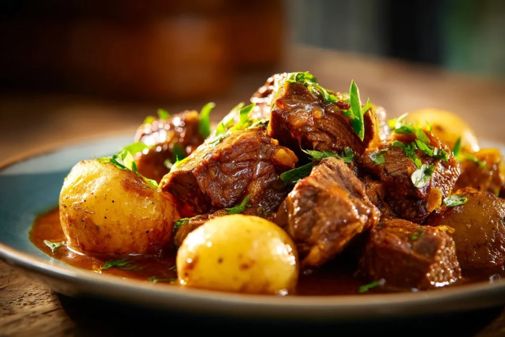 Plate of garlic butter beef bites garnished with herbs