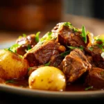 Plate of garlic butter beef bites garnished with herbs