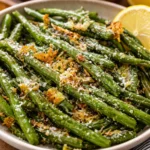 Crispy Garlic Parmesan Roasted Green Beans, a delicious vegetable side dish.