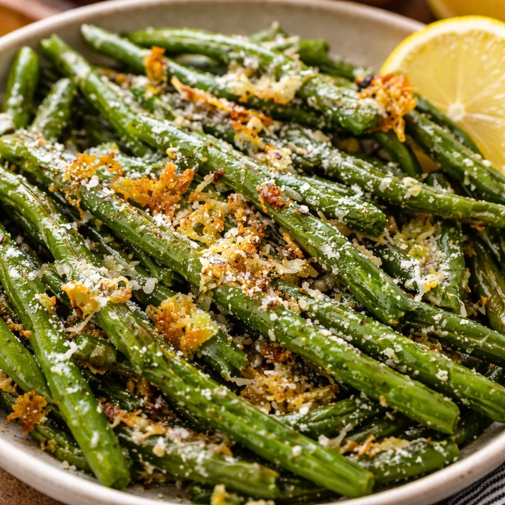 Crispy Garlic Parmesan Roasted Green Beans, a delicious vegetable side dish.