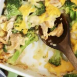 Low-Carb Chicken Casserole with chicken, broccoli, and cheese in a baking dish