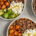 Ground Beef Hot Honey Bowl with sweet potatoes and cottage cheese drizzled with hot honey