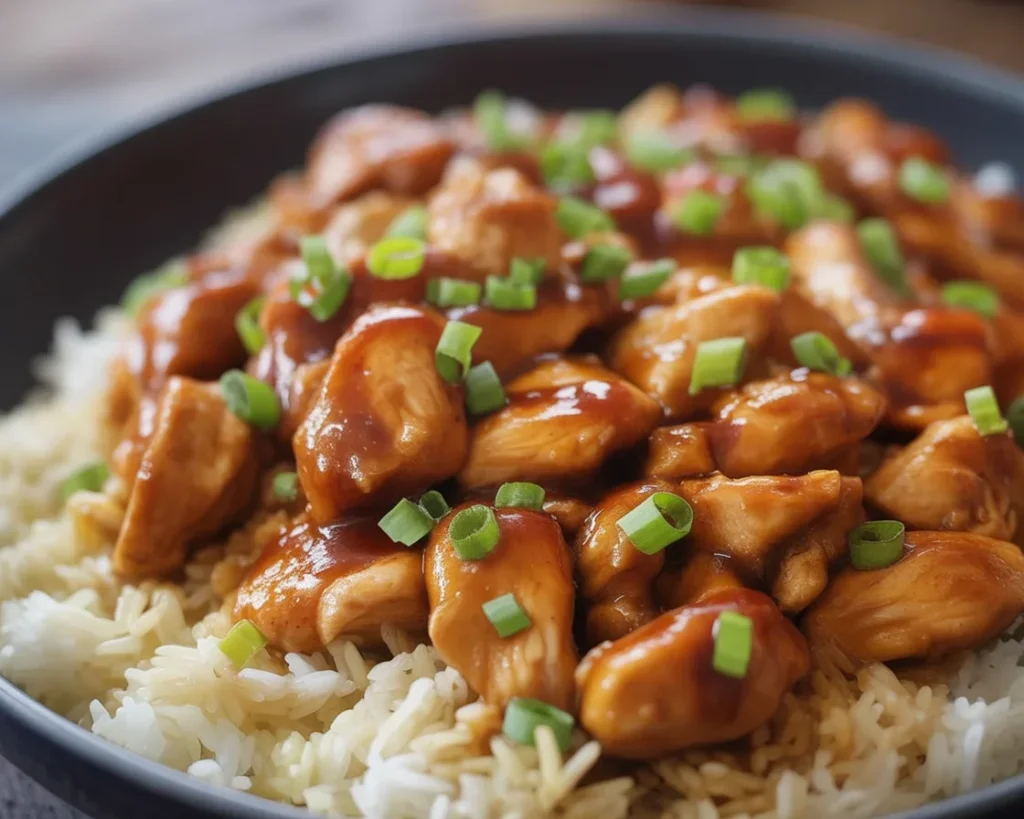 Honey BBQ Chicken Rice bowl with chicken, rice, and fresh vegetables.