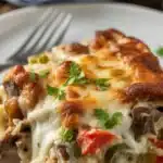 Hearty Philly Cheesesteak Casserole with beef, peppers, onions, and melty cheese.