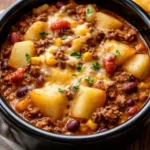 Slow Cooker Cowboy Casserole with beef, potatoes, and melty cheese in a crockpot.