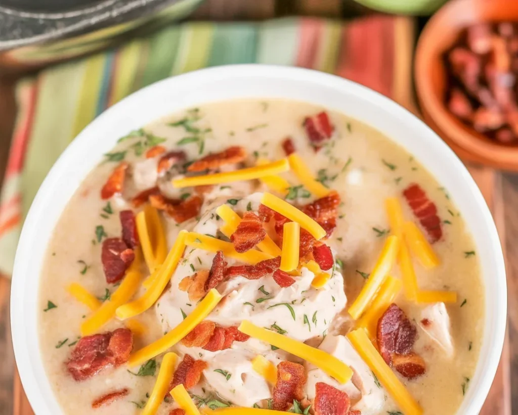 Keto Chicken Cream Cheese Soup garnished with herbs and served in a bowl