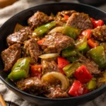 Crock Pot Pepper Steak with bell peppers and onions in a savory sauce.