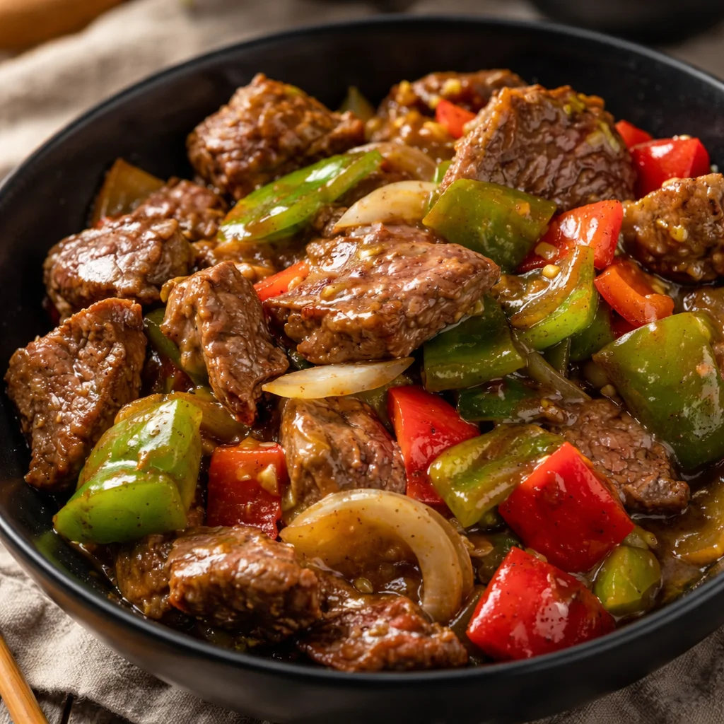 Crock Pot Pepper Steak with bell peppers and onions in a savory sauce.