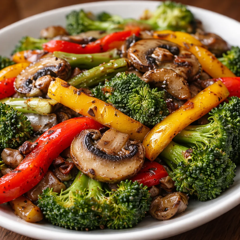 Dish of healthy sautéed vegetables including carrots, broccoli, and bell peppers